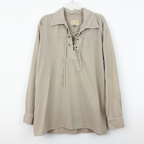 Scully CM8 Men's Lace-up Pullover Shirt Size M Sand Generous Fit Cotton Gauze - Picture 2 of 8